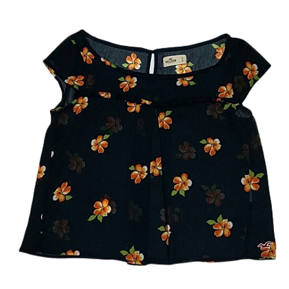 Hollister Sheer Navy Blue with Orange Floral Cropped Top - size small